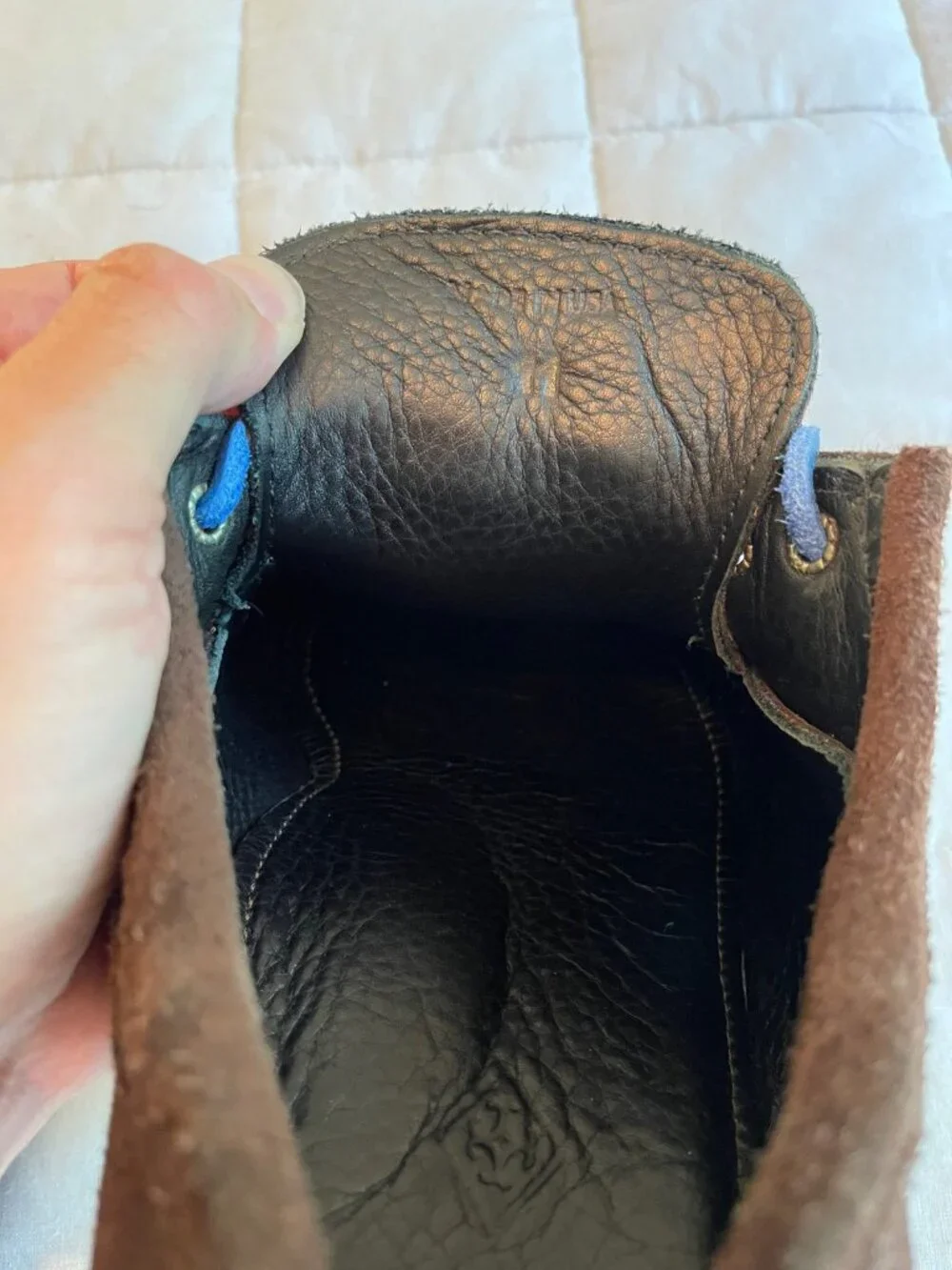 Quoddy Chocolate Suede Camp Moc Blucher, Blue Laces